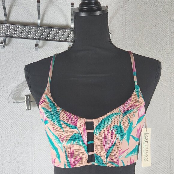 Tori Praver Swimwear Seafoam Pink Floral Smock Lined Nylon Span Bikini Top Sz M - Picture 1 of 16